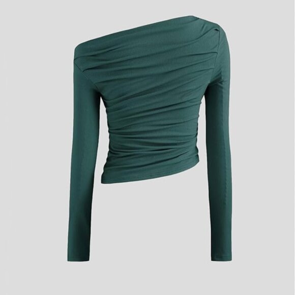 NWT CIDER Women's Asymmetrical Top Off The Shoulder Ruched Long Sleeve Shirt - Picture 3 of 5